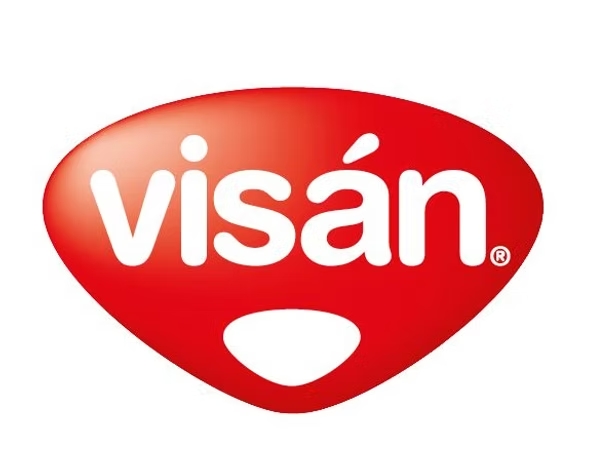 Logotipo de la marca Visán en color blanco sobre un fondo ovalado de color rojo